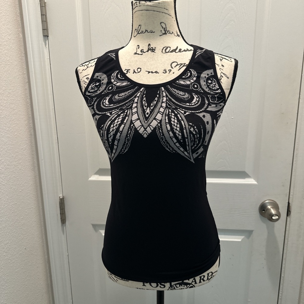Athleta Black Tank Top with White Mandala Graphic